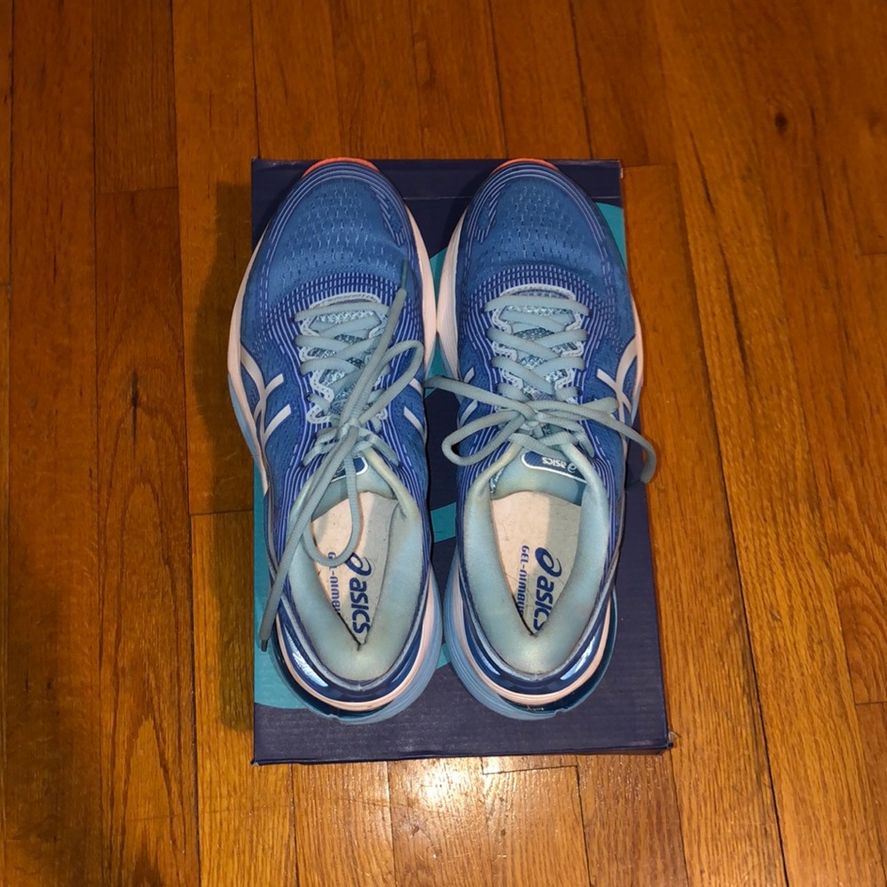 Blue ASICS with coral bottoms